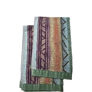 Vintage Set Of 2 Creative Bath Cotton Terry Cloth Hand Towels Geo Print Green